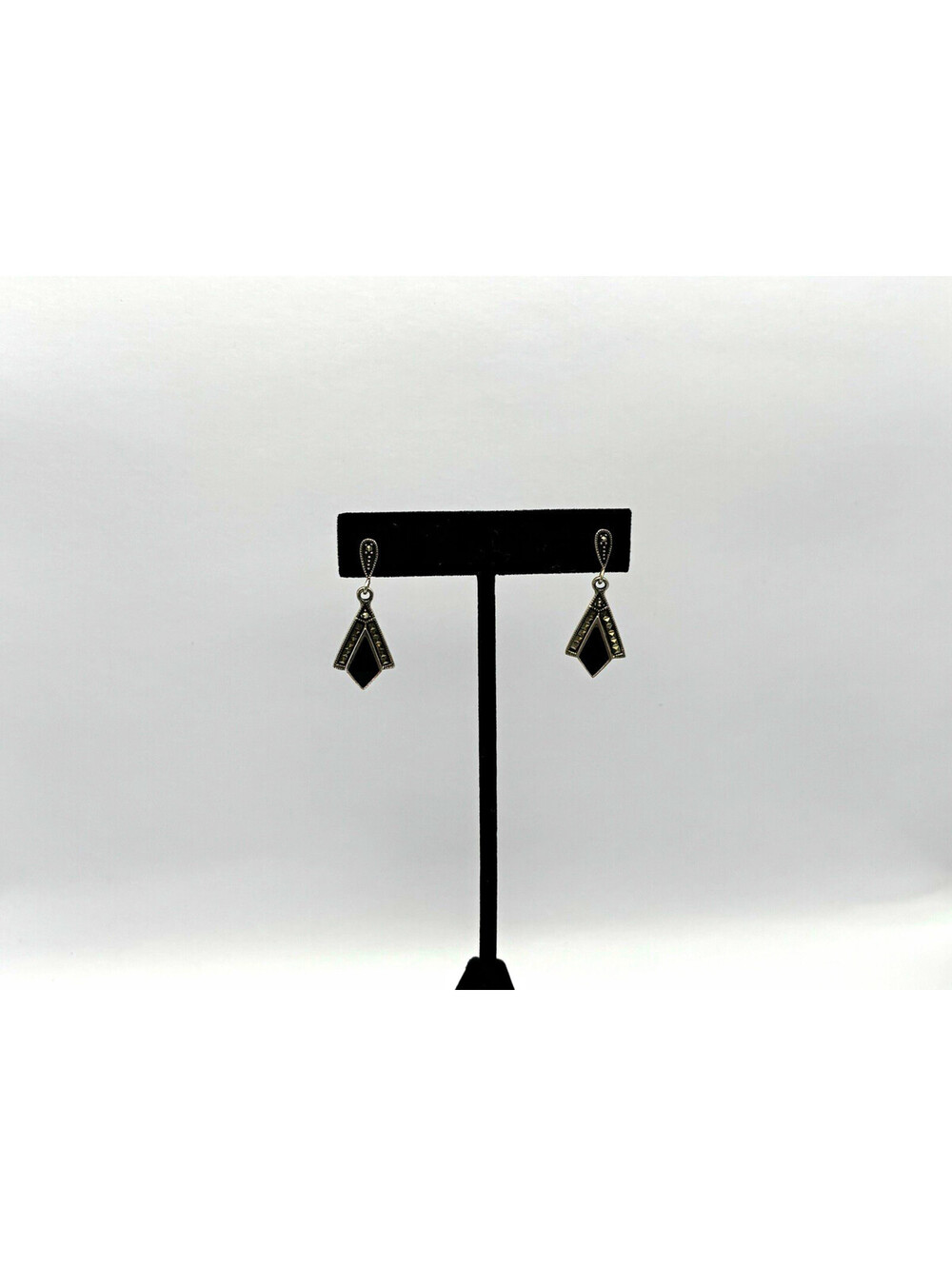 925 Sterling Black Onyx Diamond Shape Dangle Drop Earrings Art Deco Revival